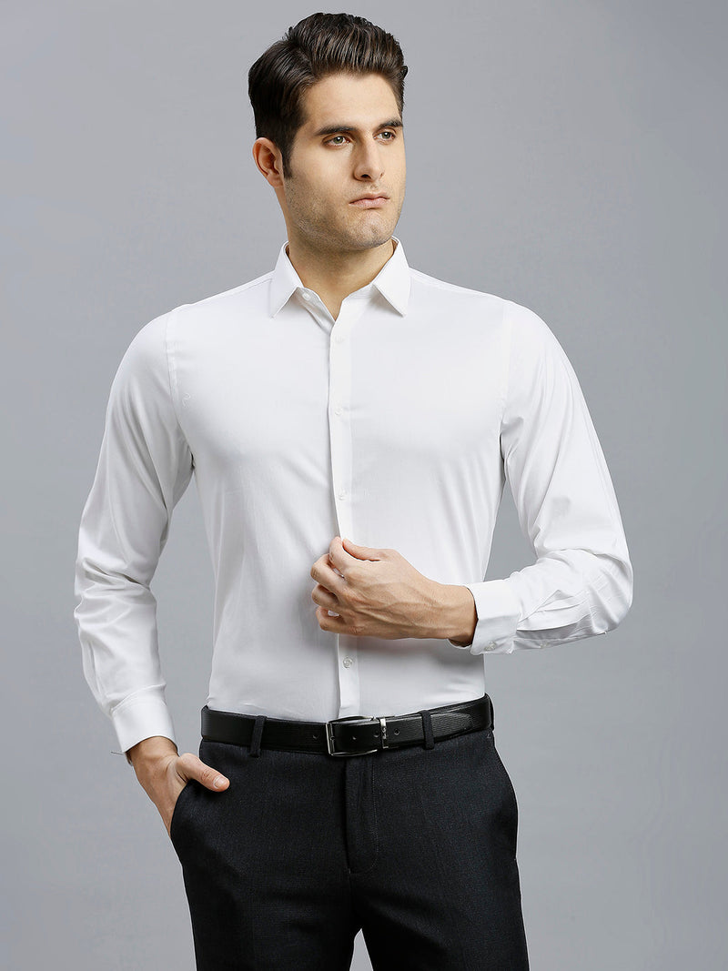 White Solid 60'S Satin Lycra Slim Fit Formal Full Sleeve Shirt