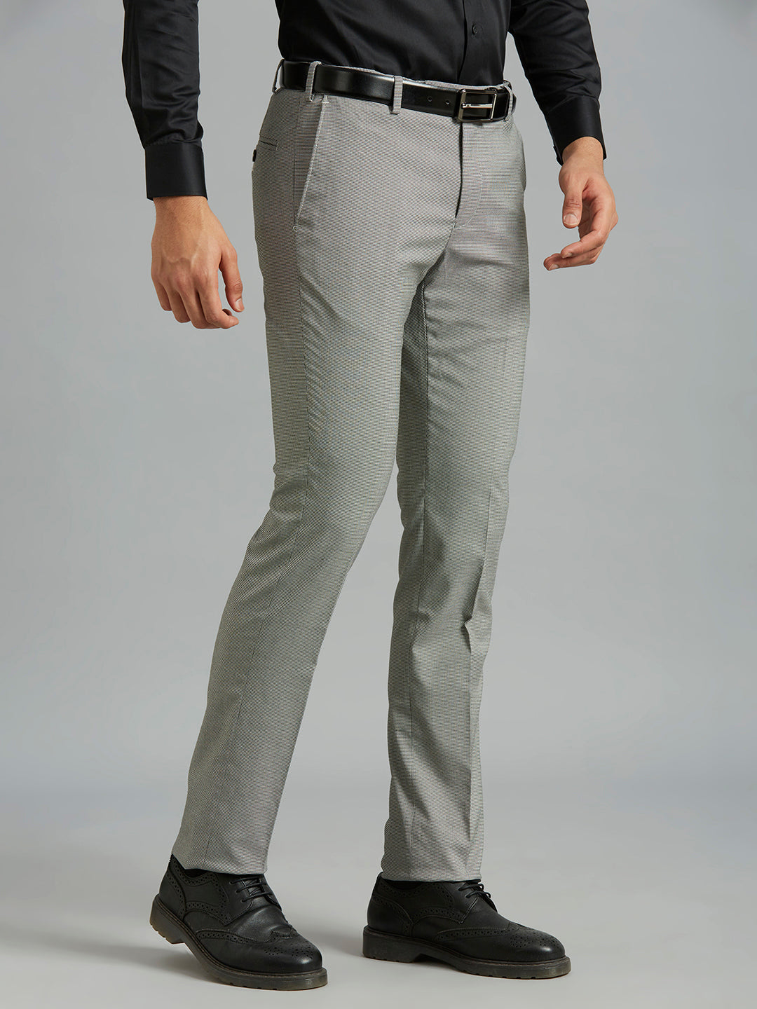 Black Checks Poly Viscose Elastane Auto Fit Formal Cross Pocket Trouser