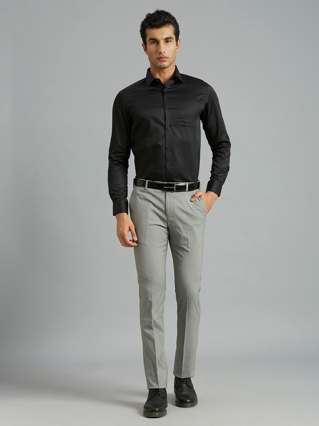 Black Checks Poly Viscose Elastane Auto Fit Formal Cross Pocket Trouser