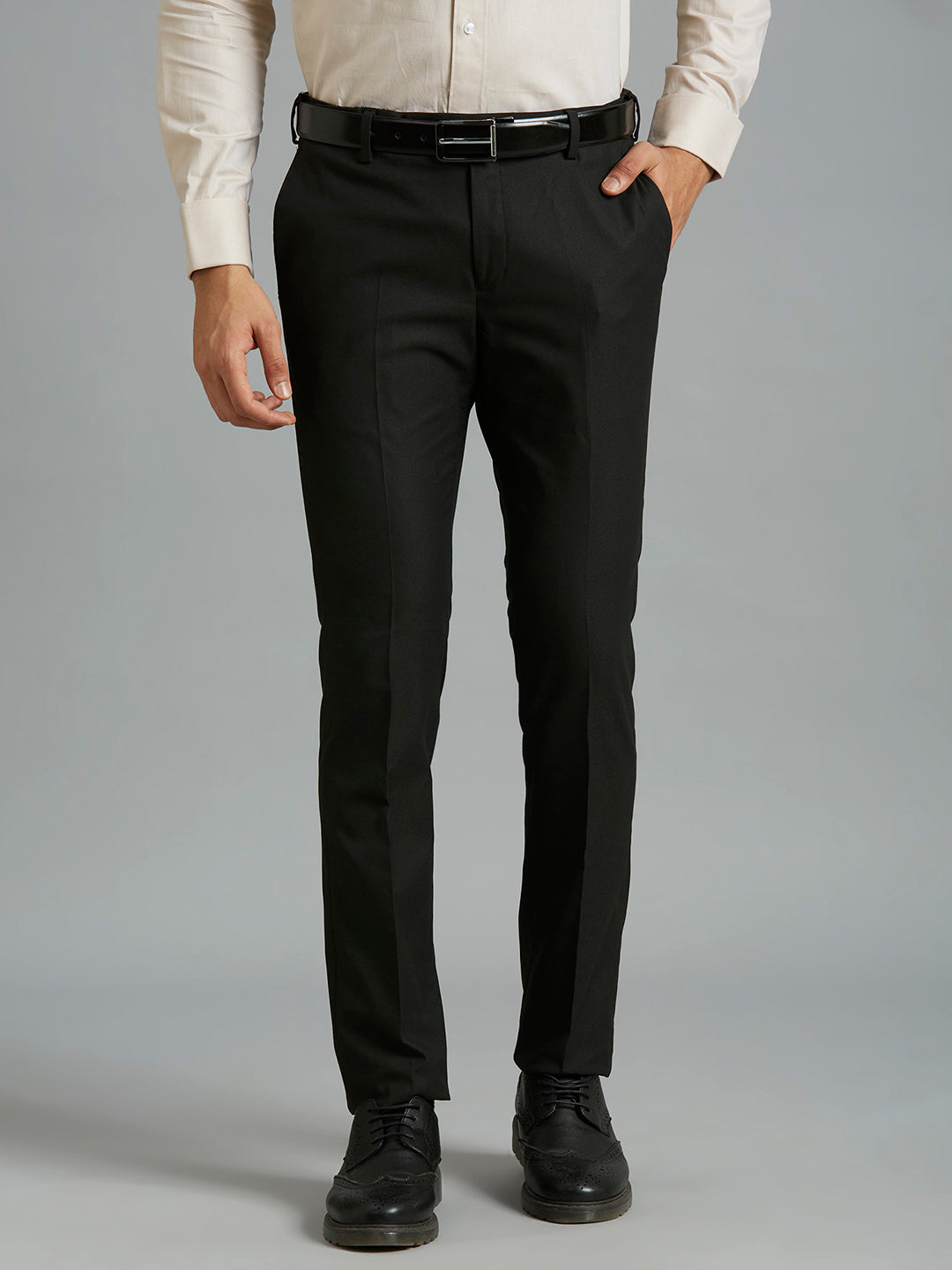 Black Plain Poly Viscose Elastane Auto Fit Formal Cross Pocket Trouser