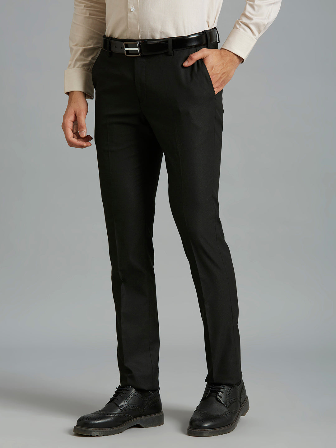 Black Plain Poly Viscose Elastane Auto Fit Formal Cross Pocket Trouser