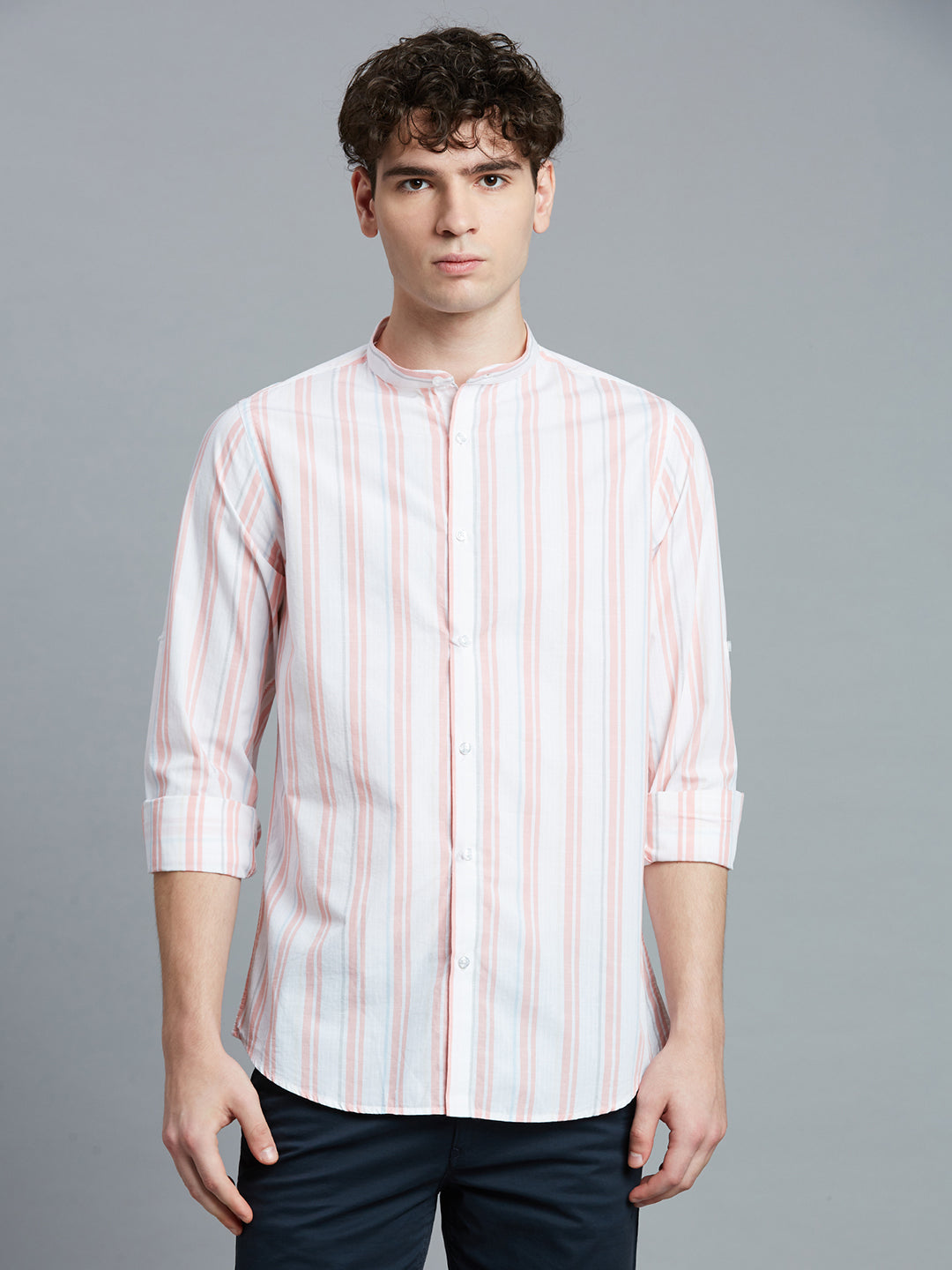 White & Pink Stripe 100% Cotton Slim Fit Casual Roll Up Full Sleeve Shirt