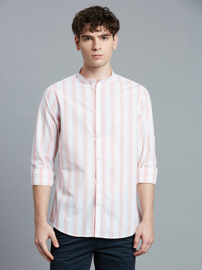 Men's Pure Cotton Stripe Stripe Slim Fit Roll-Up Full Sleeve Casual Shirt - White & Pink