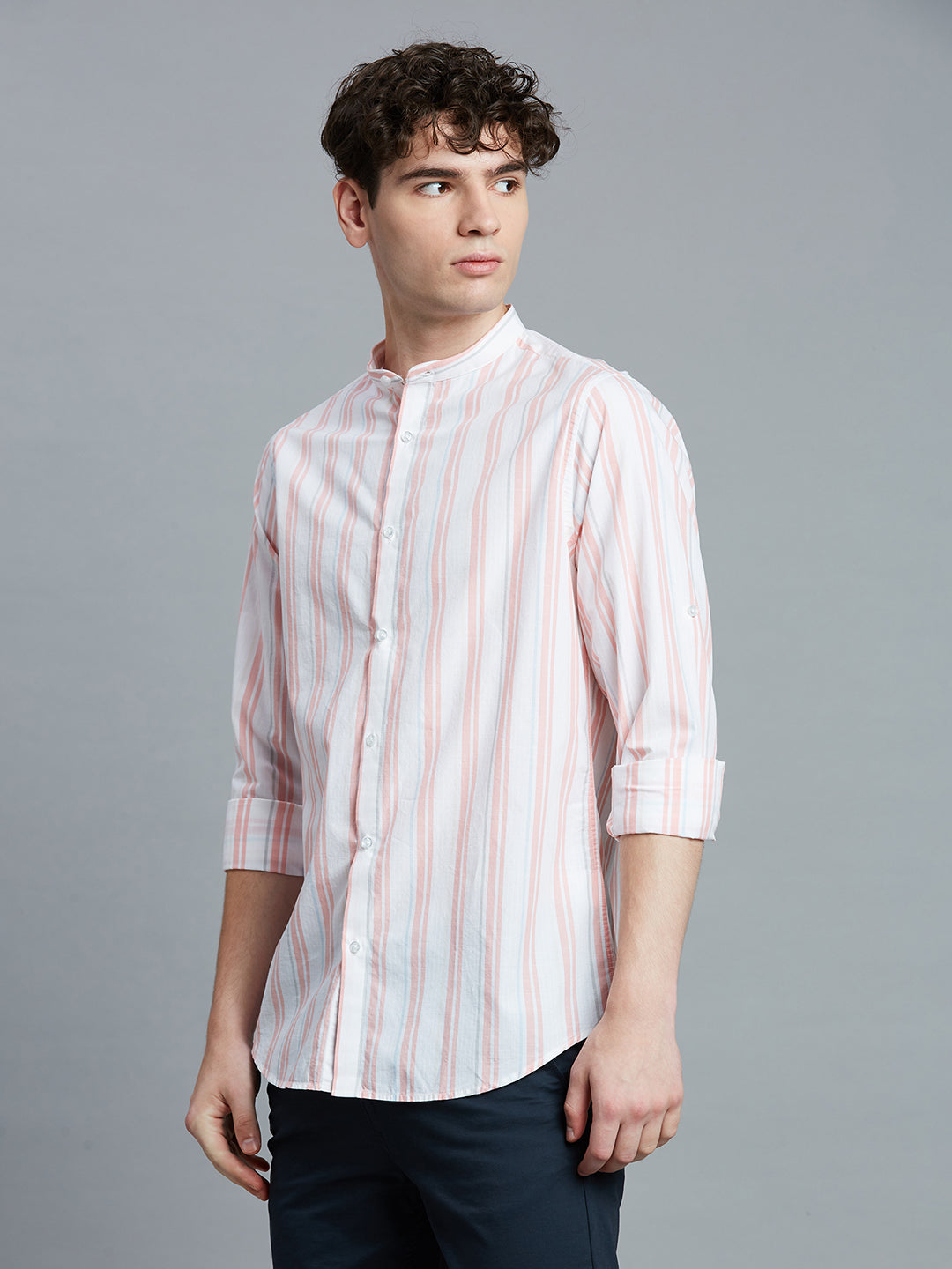 White & Pink Stripe 100% Cotton Slim Fit Casual Roll Up Full Sleeve Shirt