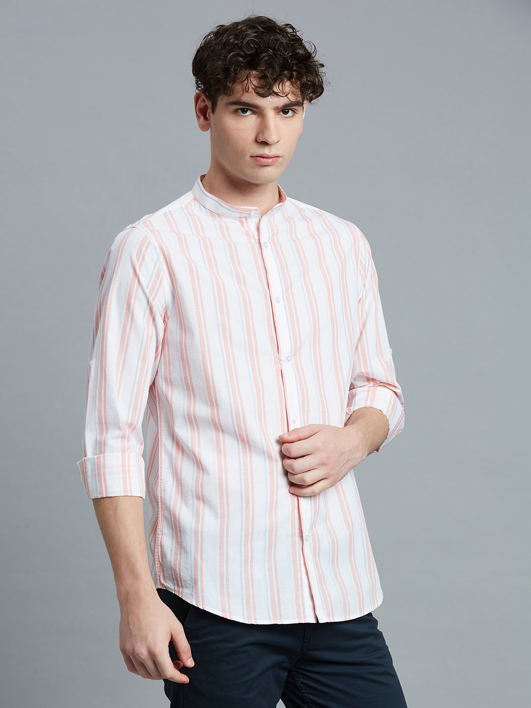 White & Pink Stripe 100% Cotton Slim Fit Casual Roll Up Full Sleeve Shirt