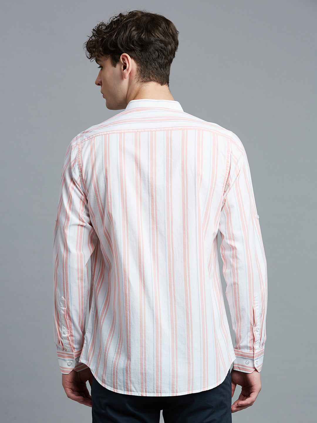 White & Pink Stripe 100% Cotton Slim Fit Casual Roll Up Full Sleeve Shirt