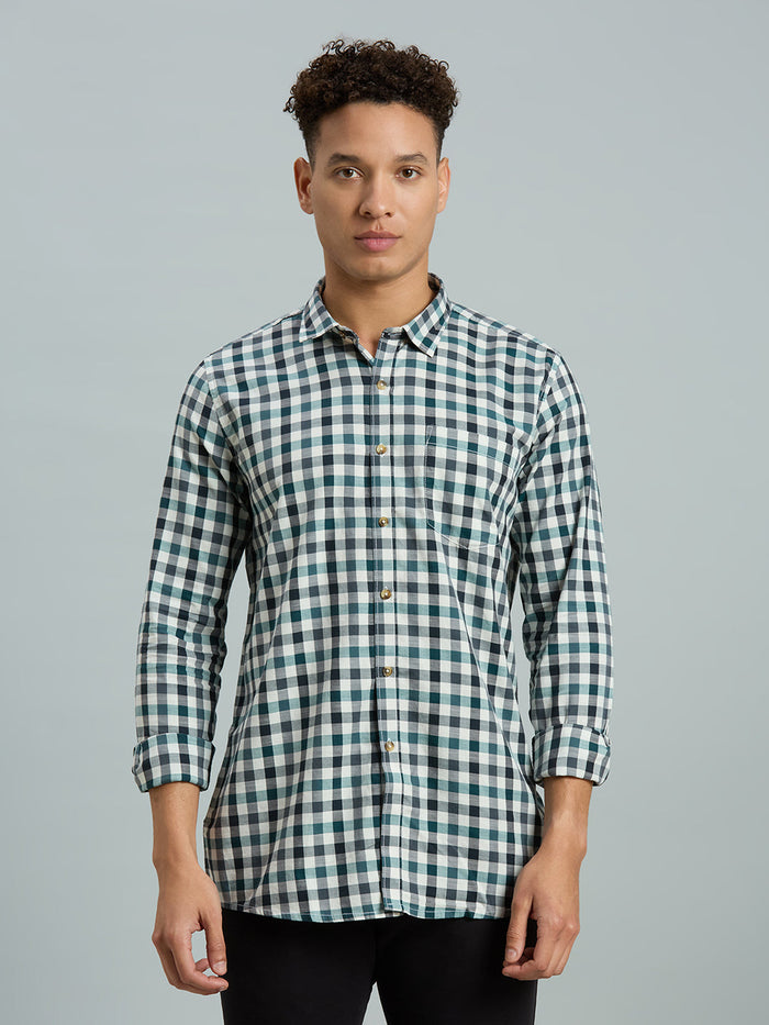 Men's Pure Cotton Checks Slim Fit Full Sleeve Casual Shirt - White & Black