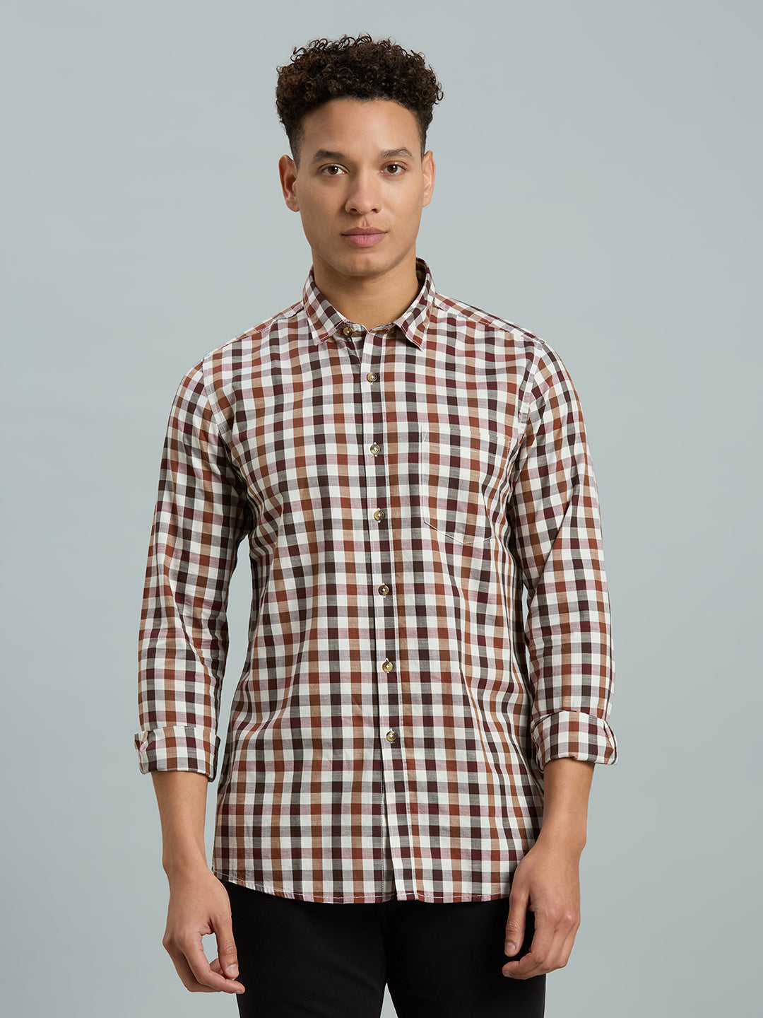 White & Brown Checks 100% Cotton Slim Fit Casual Full Sleeve Shirts