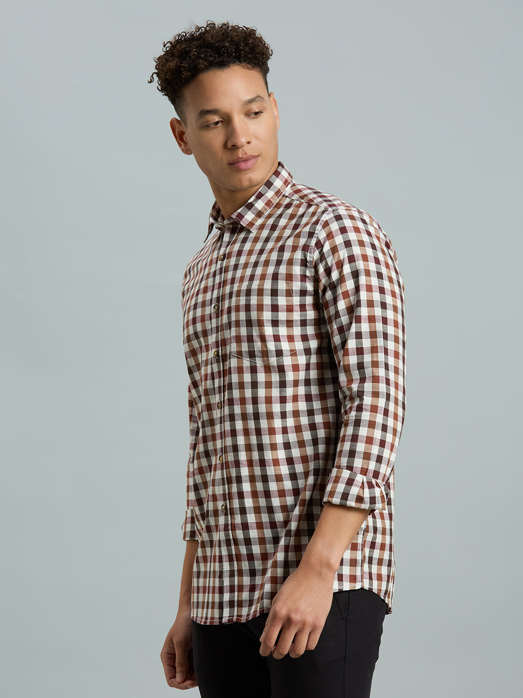 White & Brown Checks 100% Cotton Slim Fit Casual Full Sleeve Shirts