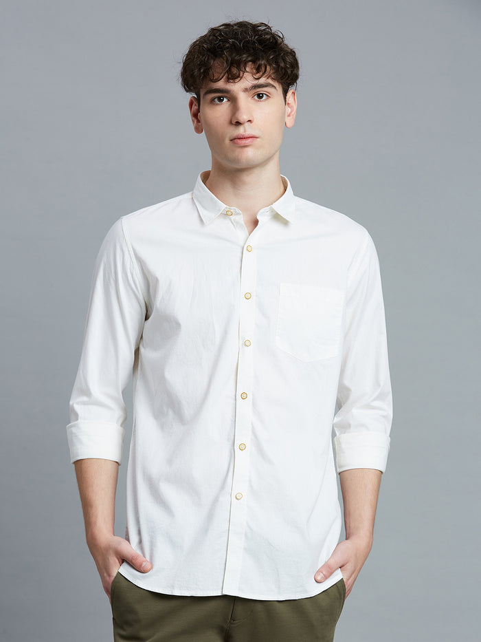 Men's Pure Cotton Fil a Fil Slim Fit Full Sleeve Casual Shirt - Off White