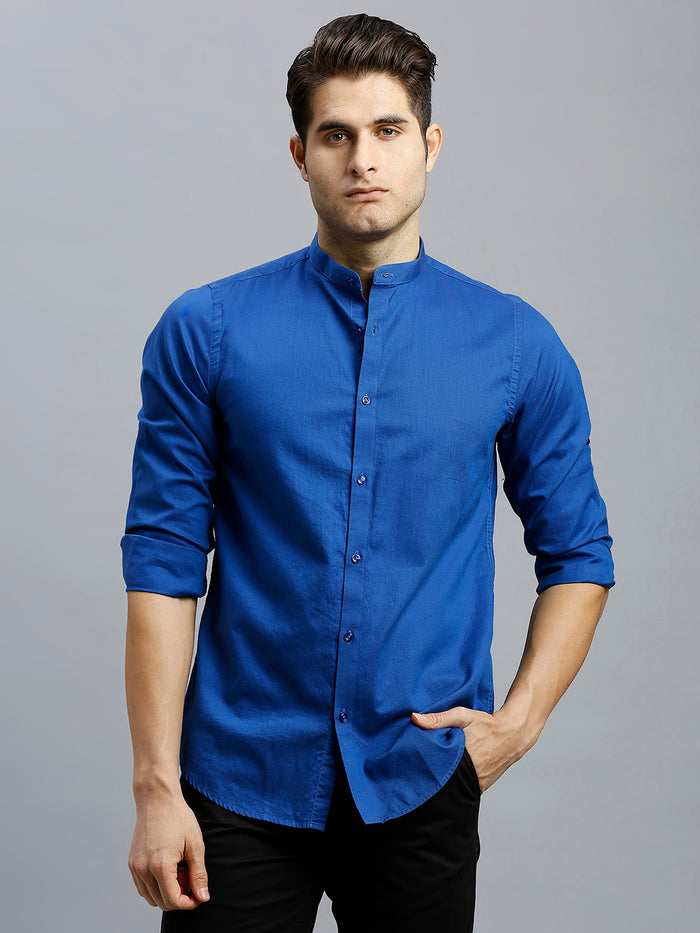 Men's Pure Cotton Dobby Y/D Dobby Y/D Slim Fit Roll-Up Full Sleeve Casual Shirt - Dark Blue