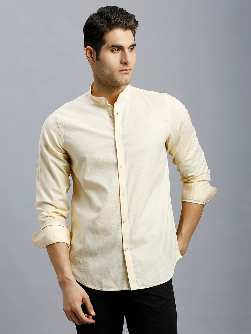 Yellow Dobby Y/D 100% Cotton Slim Fit Casual Roll Up Full Sleeve Shirts