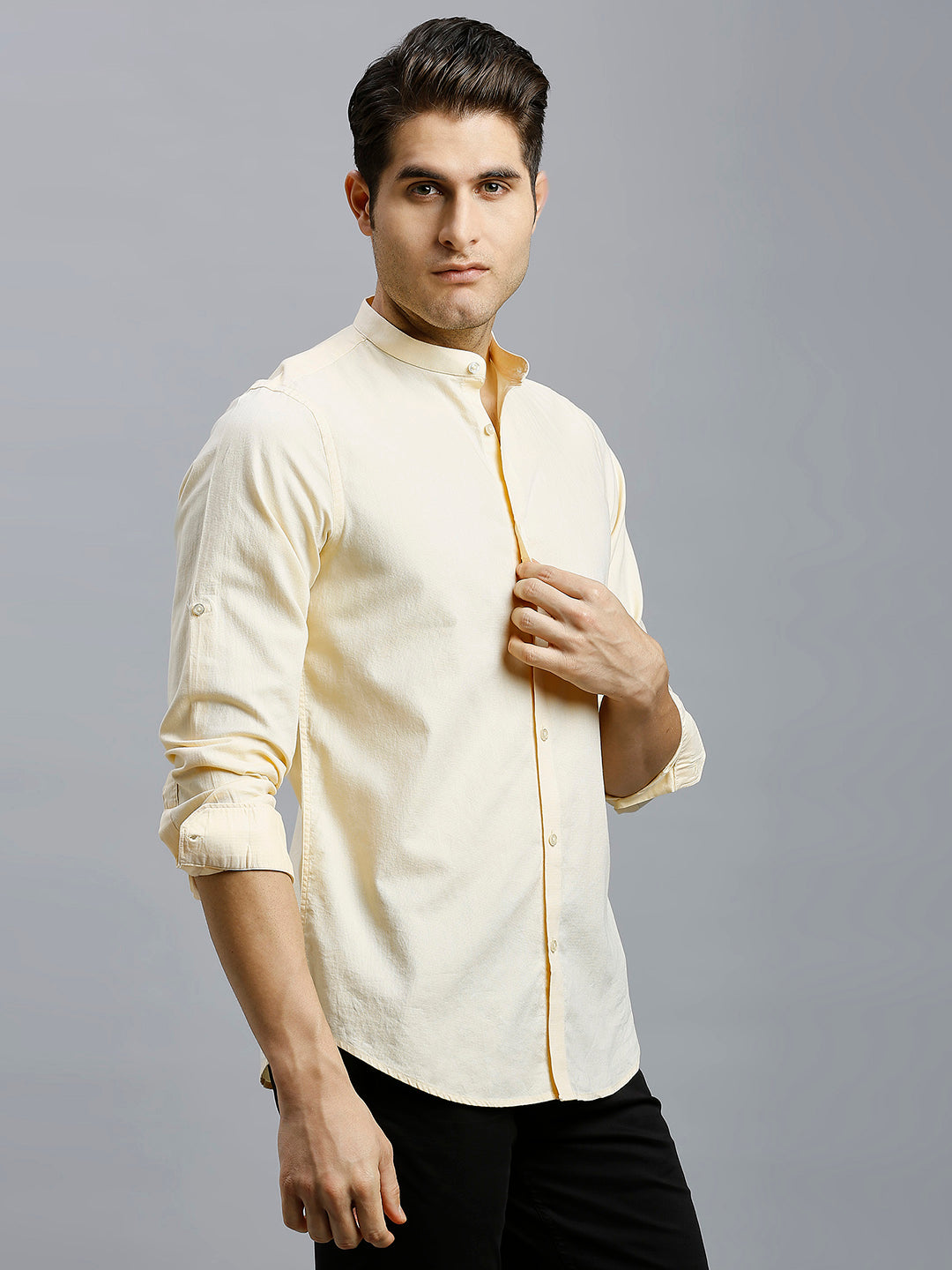 Yellow Dobby Y/D 100% Cotton Slim Fit Casual Roll Up Full Sleeve Shirts