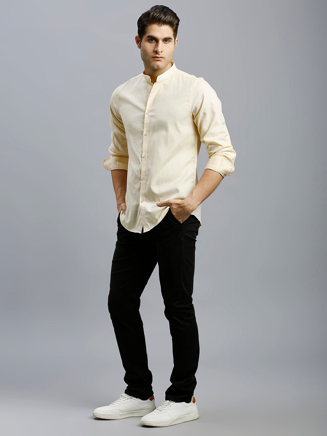 Yellow Dobby Y/D 100% Cotton Slim Fit Casual Roll Up Full Sleeve Shirts