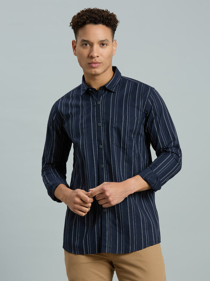 Men's Pure Cotton Stripe Stripe Slim Fit Full Sleeve Casual Shirt - Blue