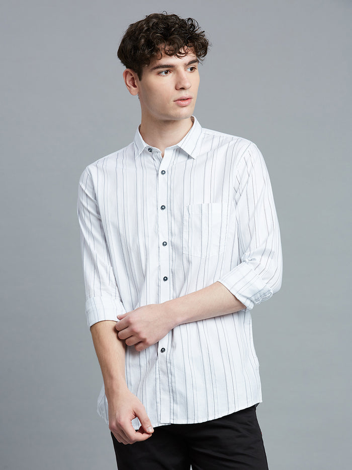 Men's Pure Cotton Stripe Stripe Slim Fit Full Sleeve Casual Shirt - White & Blue
