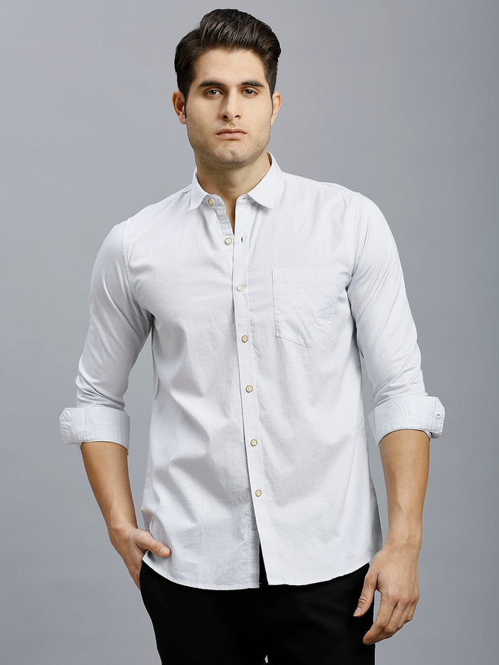 Men's Pure Cotton Stripe Stripe Slim Fit Full Sleeve Casual Shirt - White & Grey