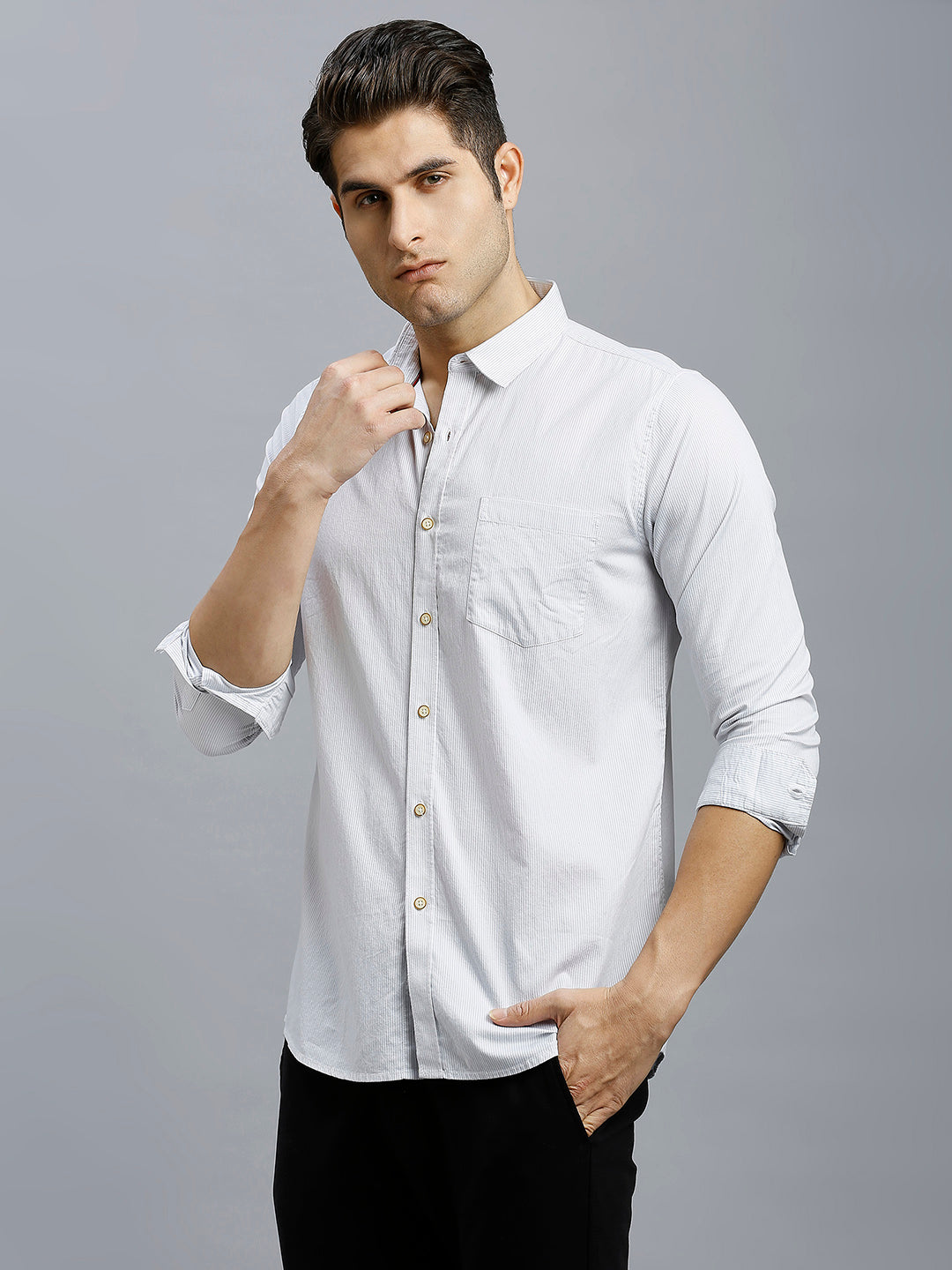 White & Grey Stripe 100% Cotton Slim Fit Casual Full Sleeve Shirt