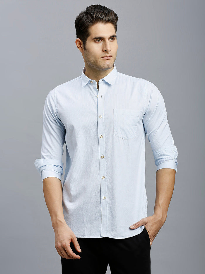 Men's Pure Cotton Stripe Stripe Slim Fit Full Sleeve Casual Shirt - White & Blue