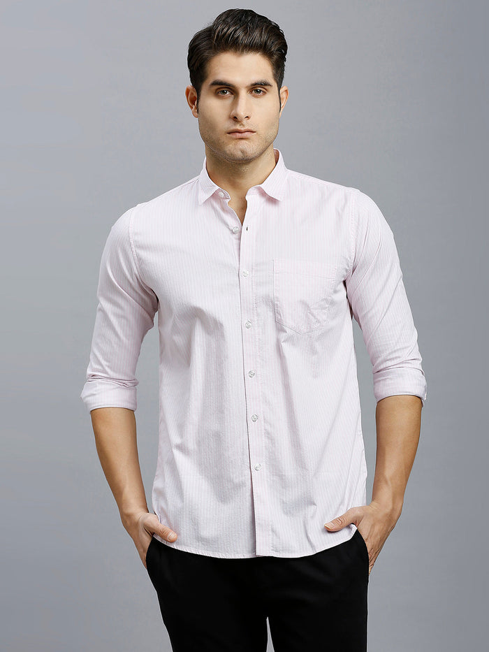 Men's Pure Cotton Stripe Stripe Slim Fit Full Sleeve Casual Shirt - White & Pink