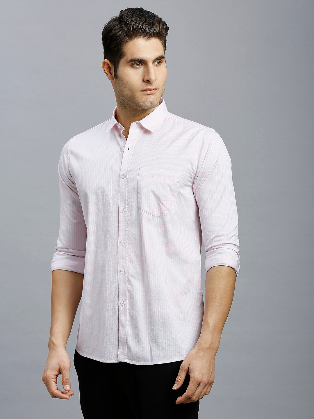 White & Pink Stripe 100% Cotton Slim Fit Casual Full Sleeve Shirts