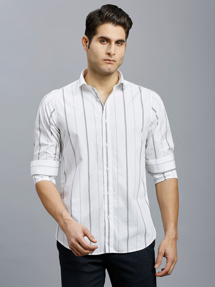 Men's Pure Cotton Stripe Stripe Slim Fit Full Sleeve Casual Shirt - White