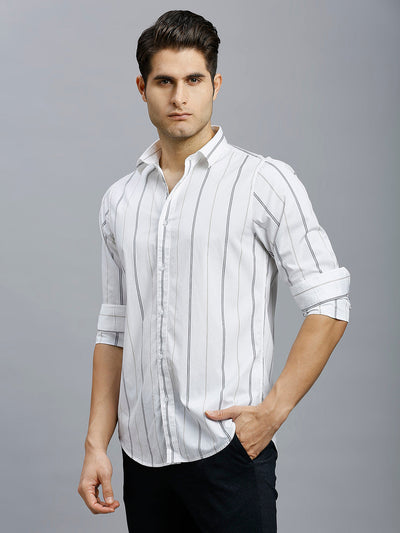Men's Pure Cotton Stripe Stripe Slim Fit Full Sleeve Casual Shirt - White