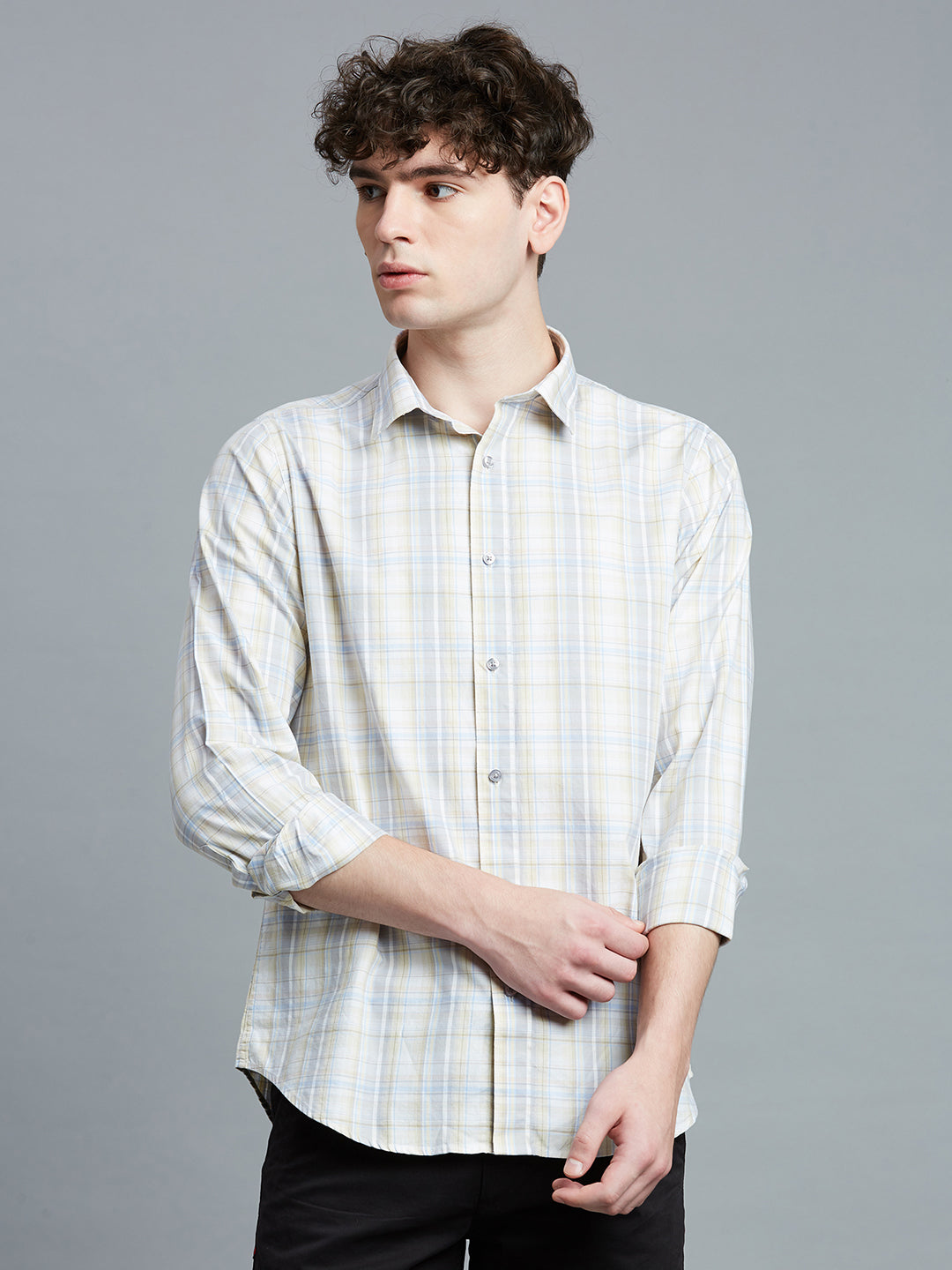 Beige & Grey Checks 100% Cotton Slim Fit Casual Full Sleeve Shirts