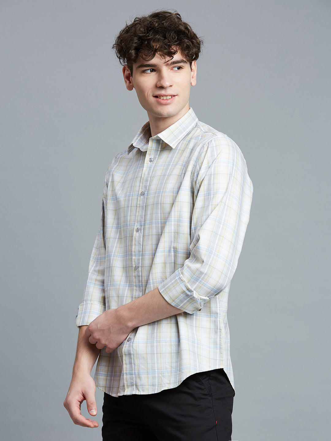 Beige & Grey Checks 100% Cotton Slim Fit Casual Full Sleeve Shirts