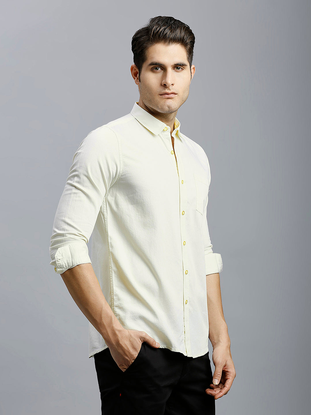 Light Yellow Dobby Y/D 100% Cotton Slim Fit Casual Full Sleeve Shirt