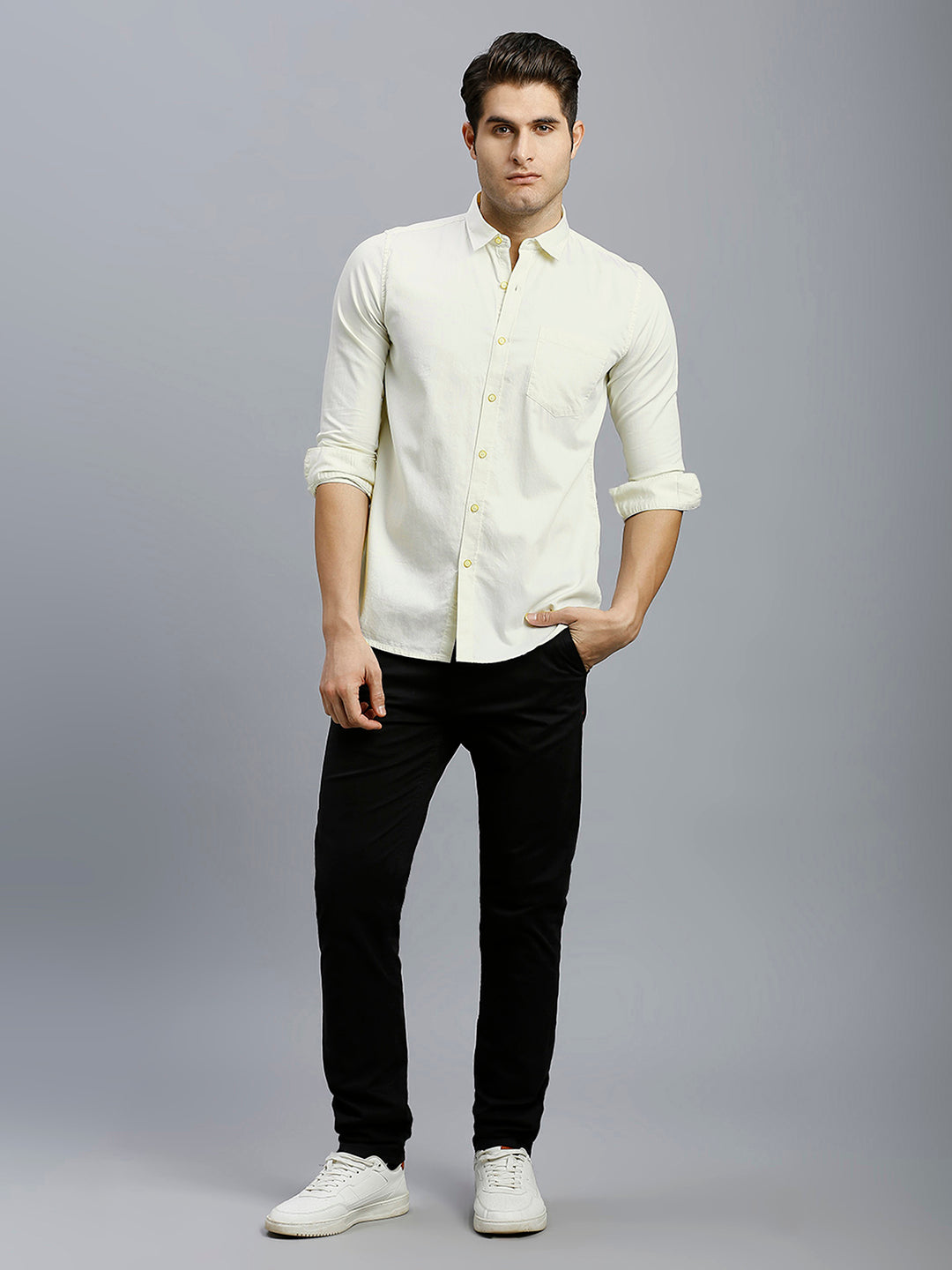 Light Yellow Dobby Y/D 100% Cotton Slim Fit Casual Full Sleeve Shirt