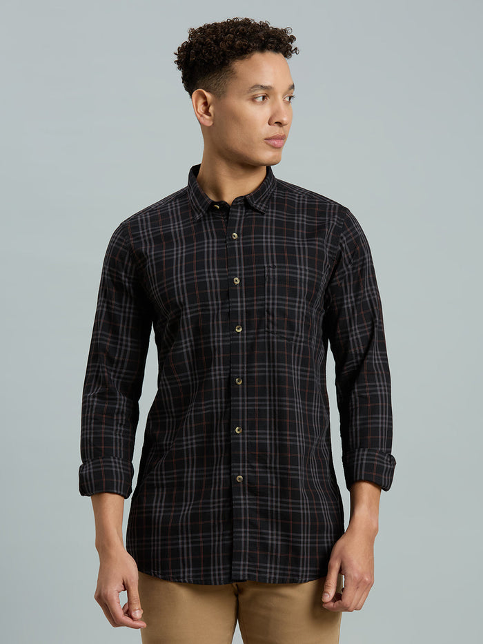 Men's Pure Cotton Checks Slim Fit Full Sleeve Casual Shirt - Black