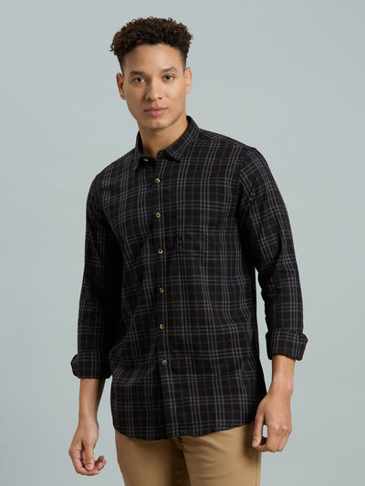 Men's Pure Cotton Checks Slim Fit Full Sleeve Casual Shirt - Black