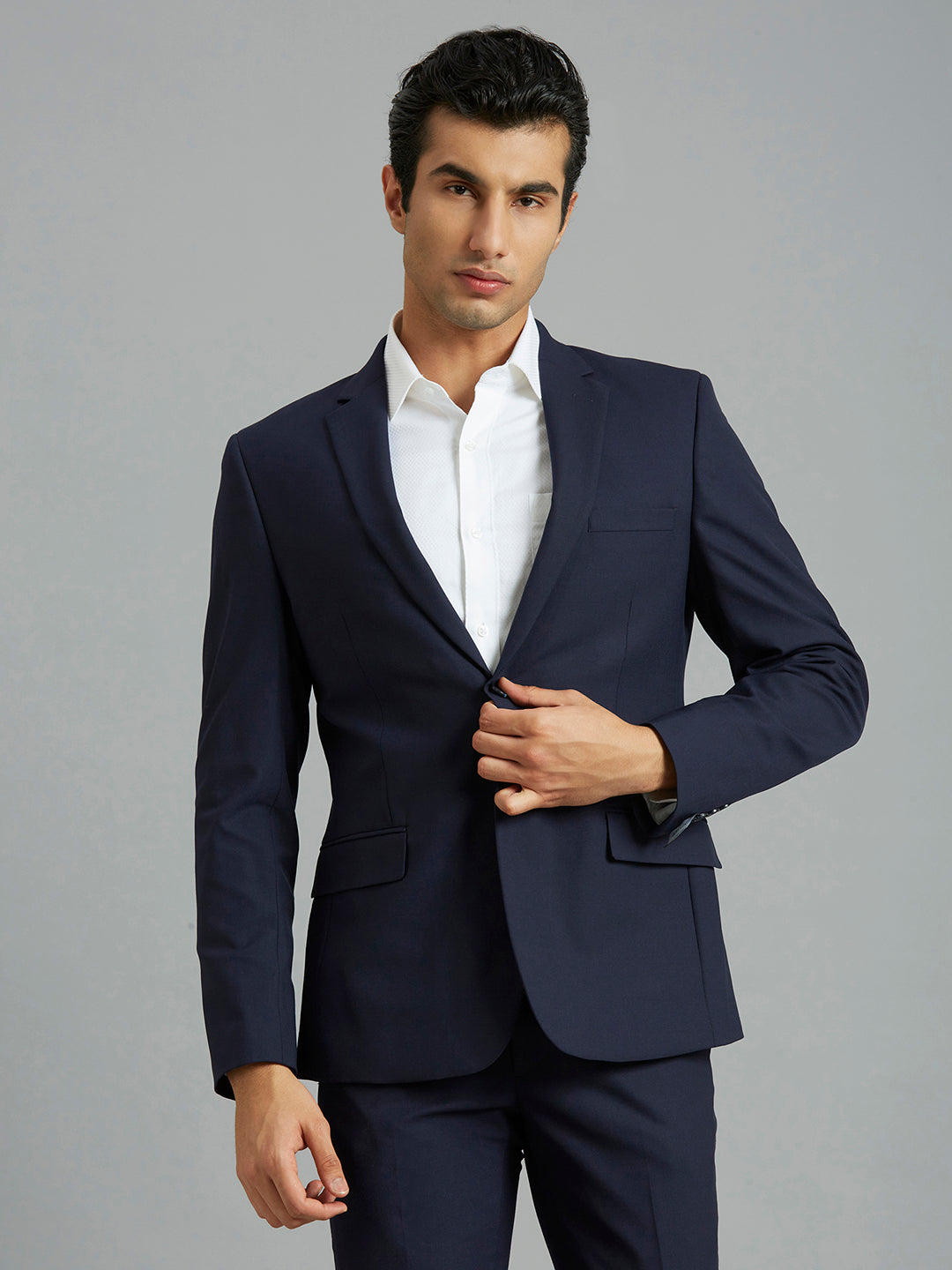 Medium Blue Plain Wool Blend With Elastane Tailor Fit Formal Full Sleeve Blazers