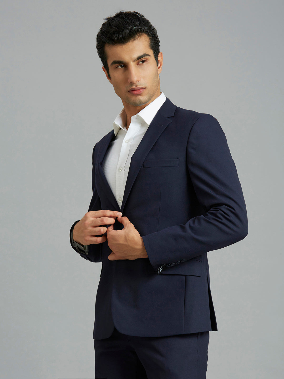 Medium Blue Plain Wool Blend With Elastane Tailor Fit Formal Full Sleeve Blazers