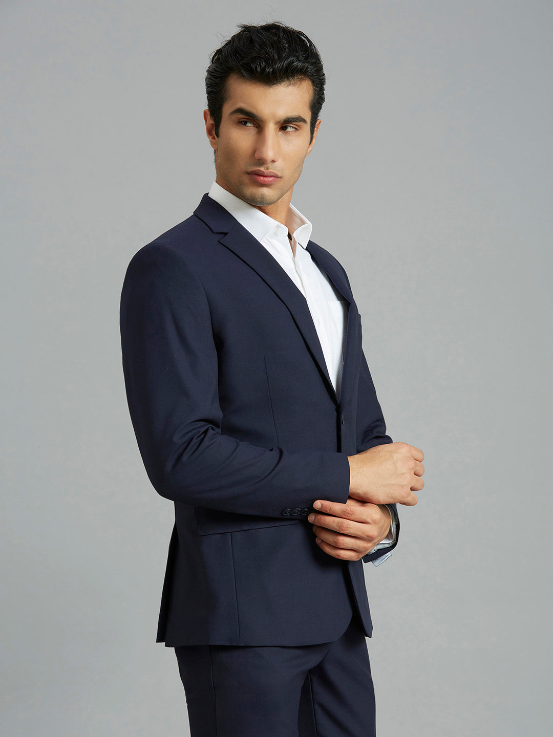 Medium Blue Plain Wool Blend With Elastane Tailor Fit Formal Full Sleeve Blazers