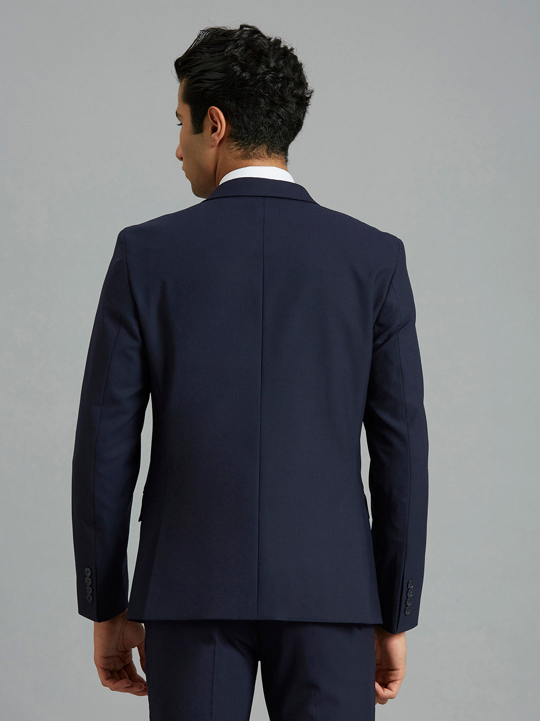 Medium Blue Plain Wool Blend With Elastane Tailor Fit Formal Full Sleeve Blazers