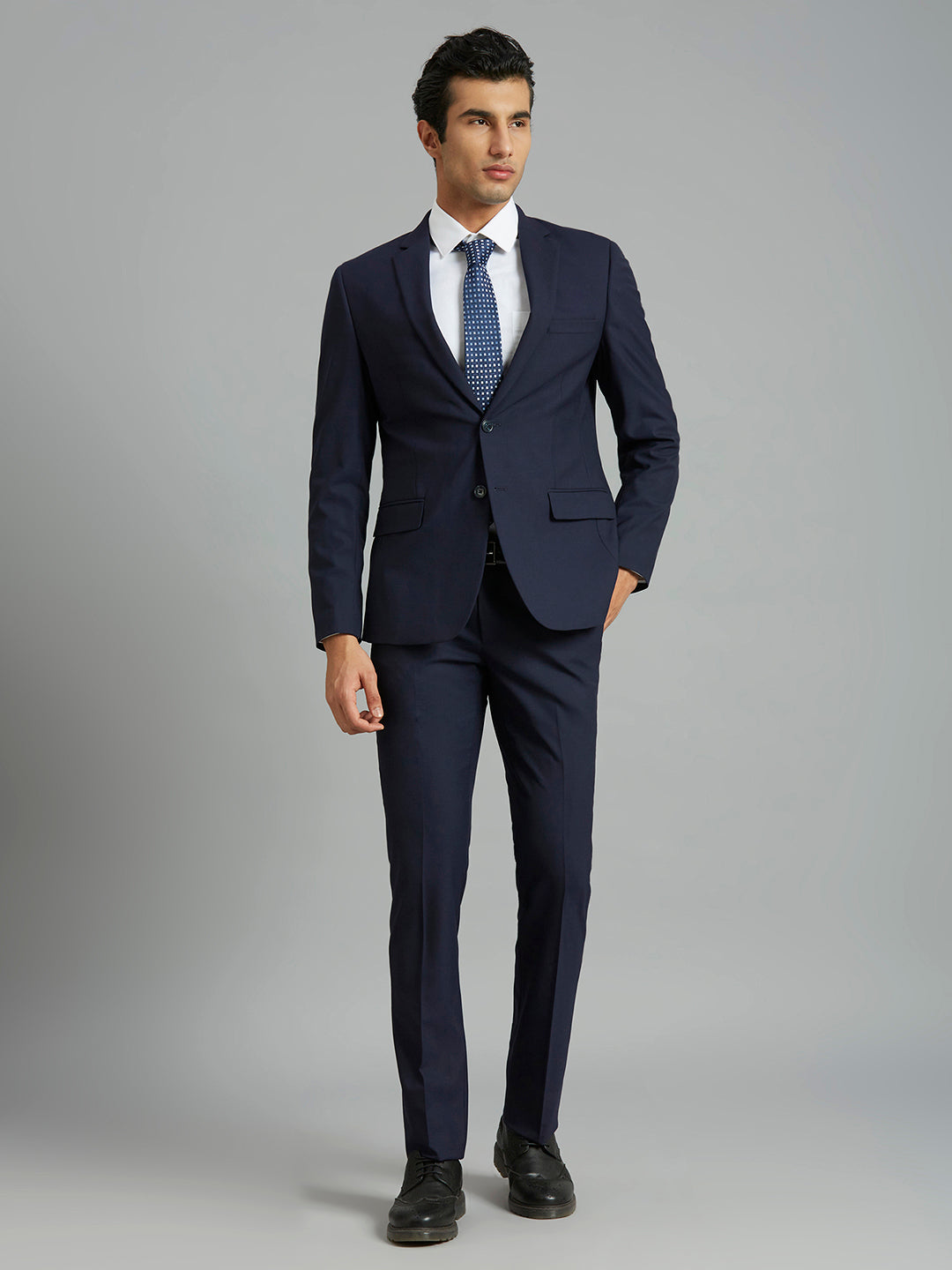 Medium Blue Plain Wool Blend With Elastane Tailor Fit Formal Full Sleeve Blazers