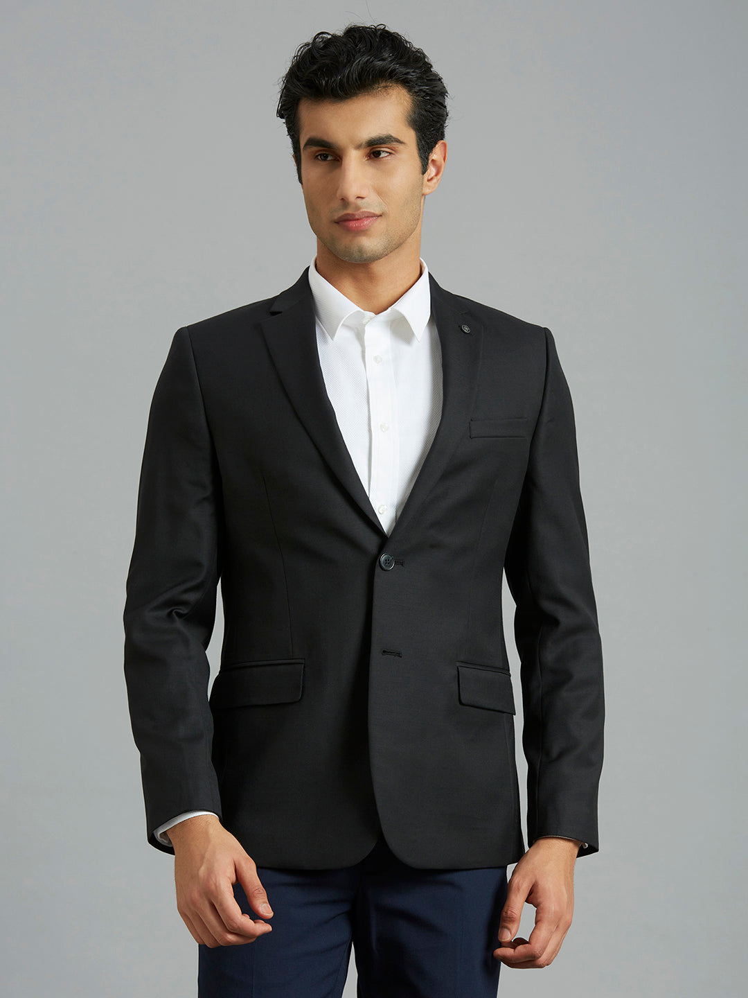 Black Plain Wool Blend With Elastane Tailor Fit Formal Full Sleeve Blazer