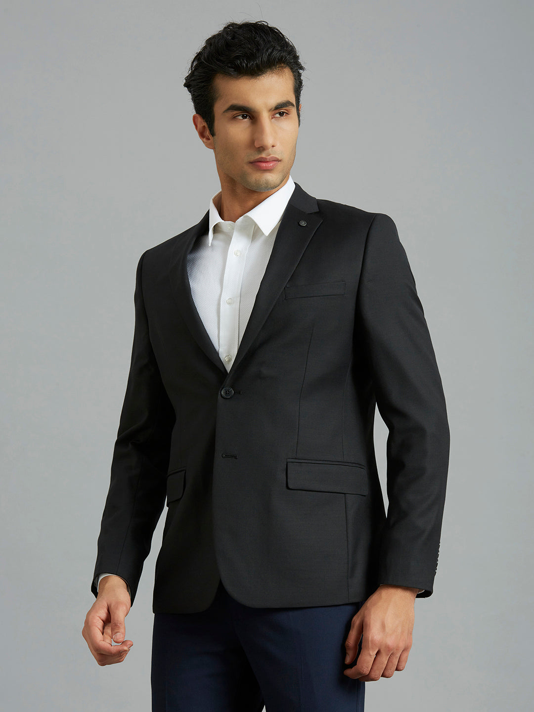 Black Plain Wool Blend With Elastane Tailor Fit Formal Full Sleeve Blazer