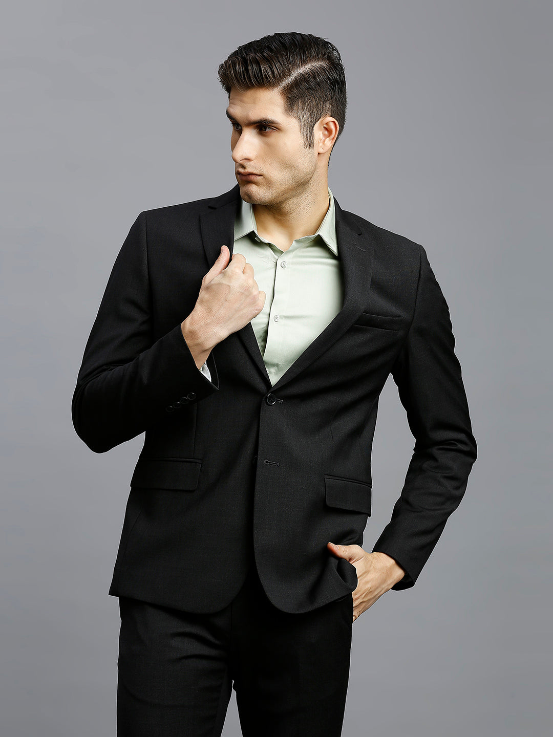 Charcoal Plain Wool Blend With Elastane Tailor Fit Formal Full Sleeve Blazer