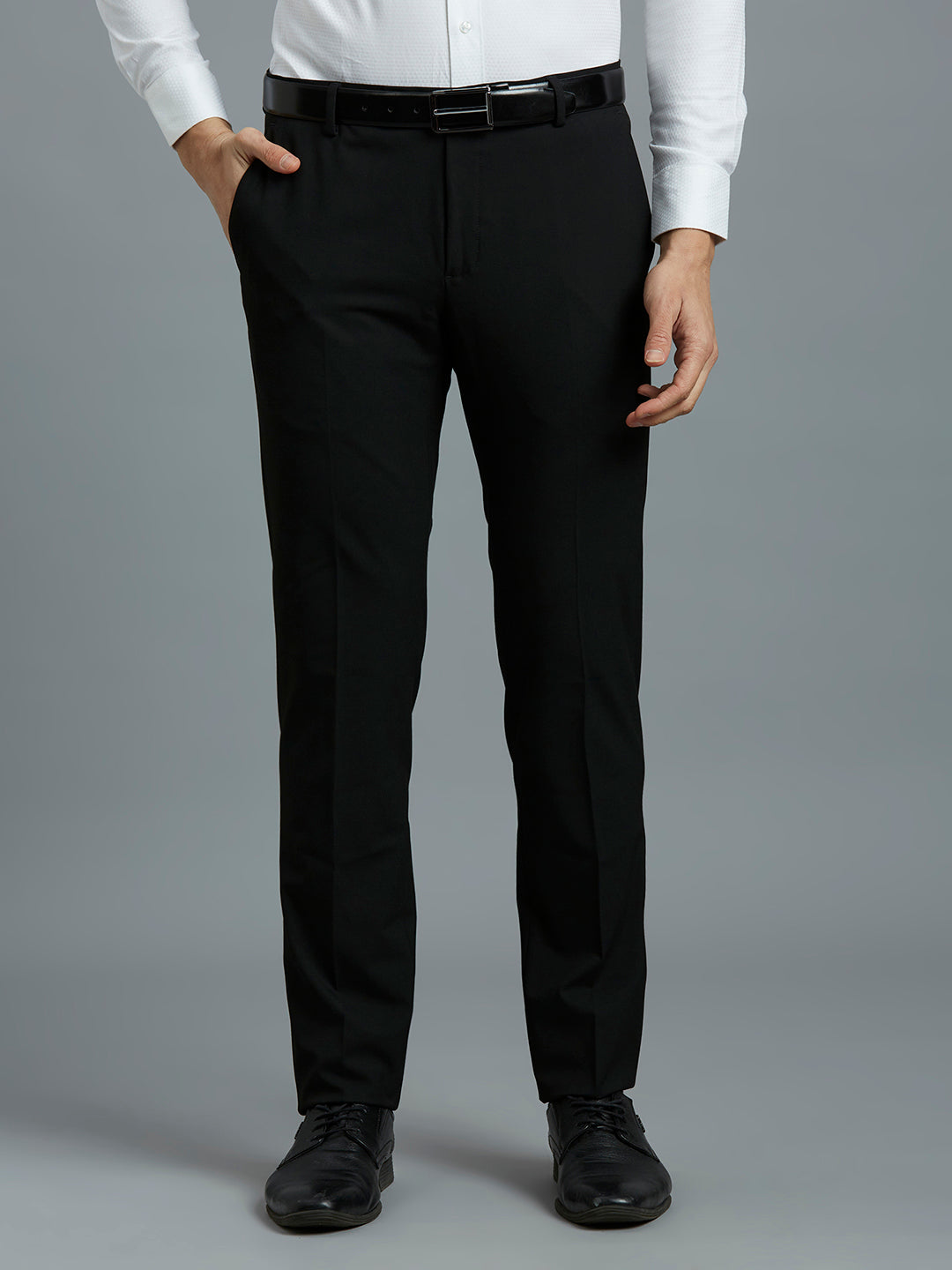 Black Plain Poly Viscose Elastane Tailor Fit Formal Cross Pocket Trouser