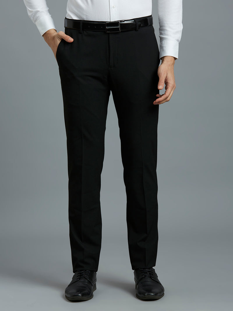 Classy Black Plain Poly Viscose Elastane Tailor Fit Formal Cross Pocket Trouser