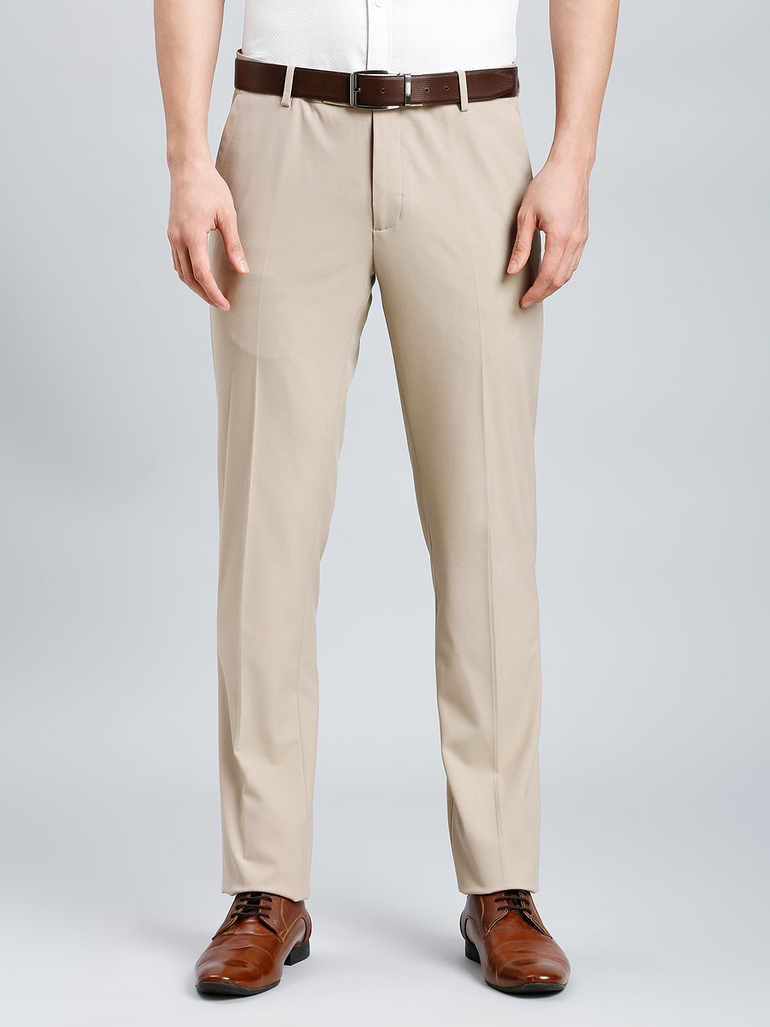 Light Khakhi Plain Poly Viscose Elastane Tailor Fit Formal Cross Pocket Trouser