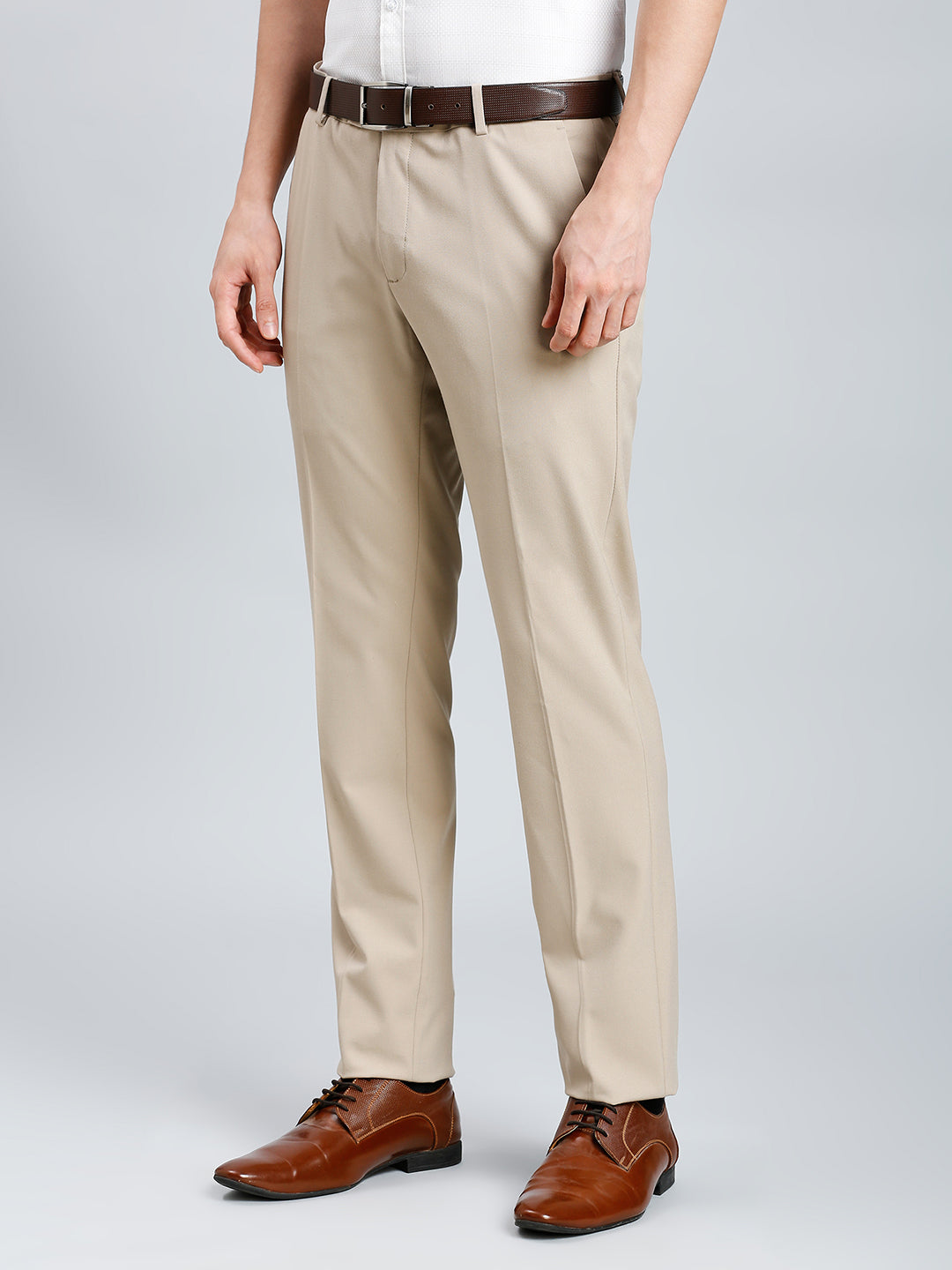 Light Khakhi Plain Poly Viscose Elastane Tailor Fit Formal Cross Pocket Trouser