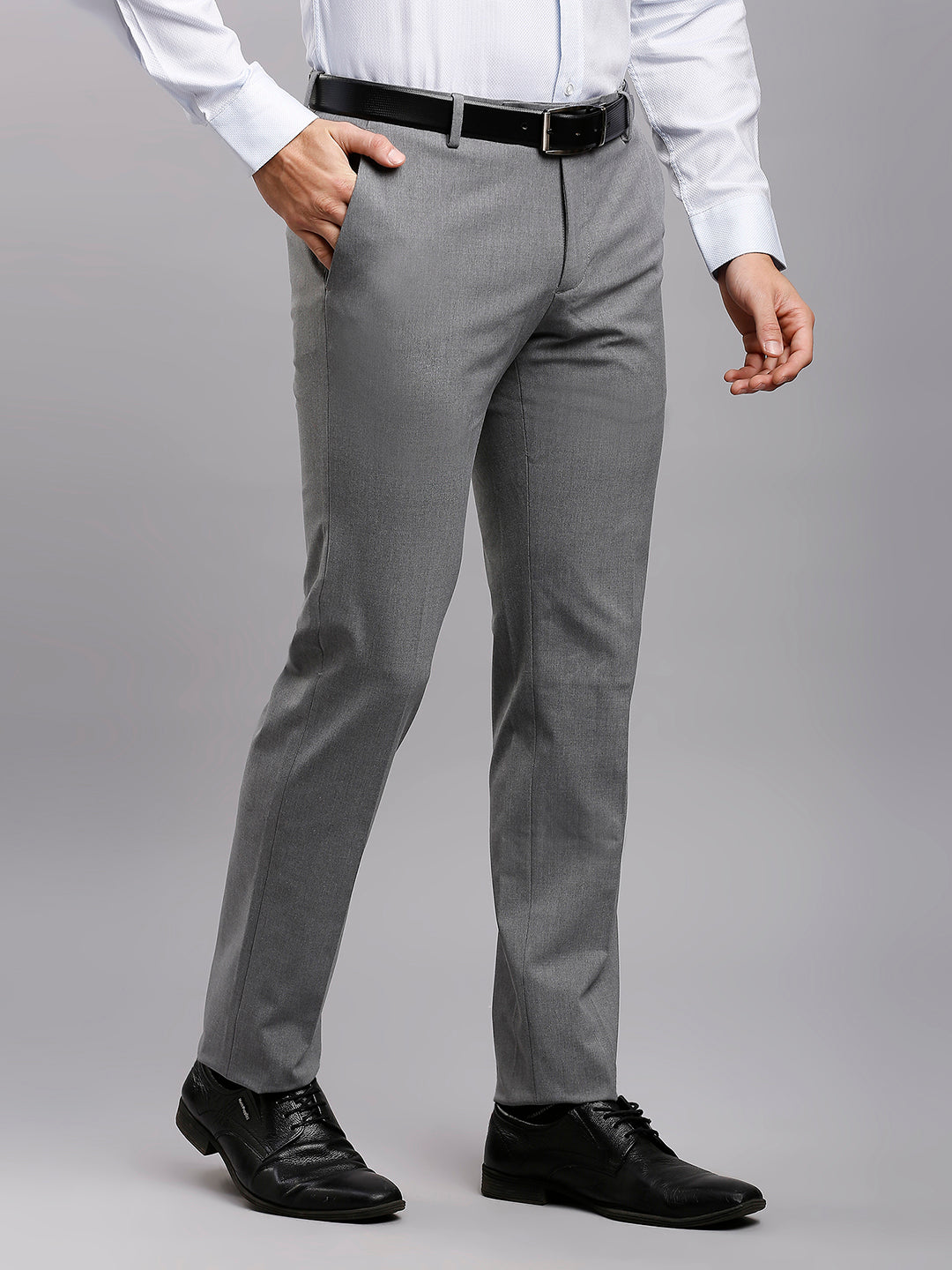 Light Grey Plain Poly Viscose Elastane Tailor Fit Formal Cross Pocket Trousers