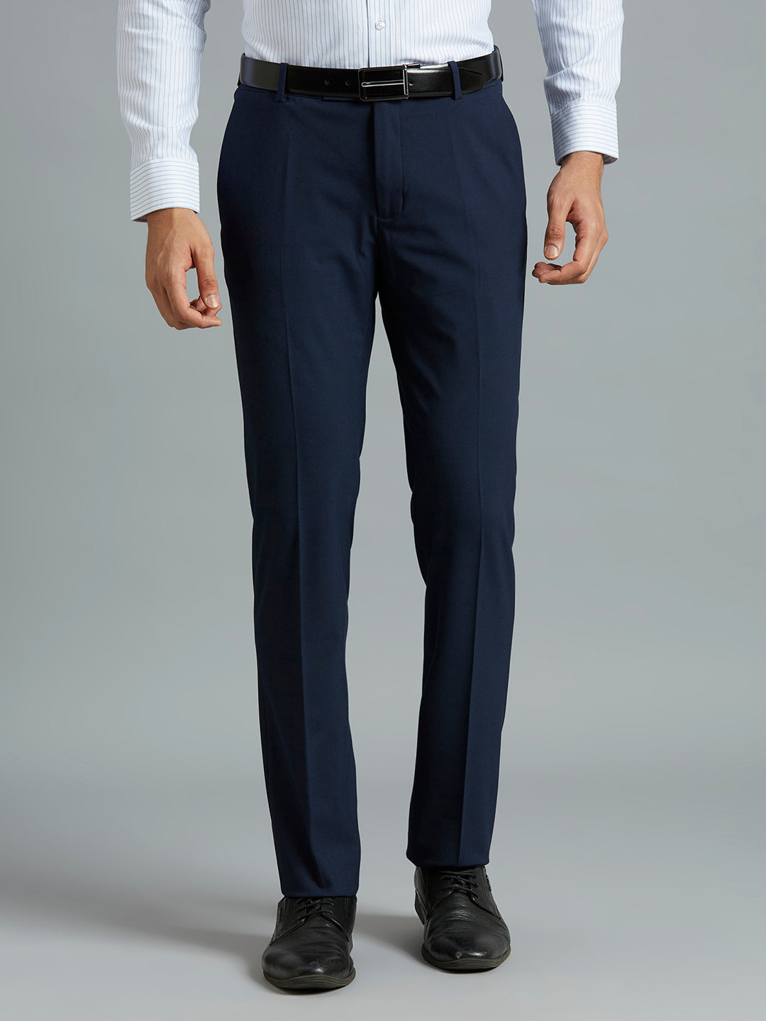 Navy Plain Poly Viscose Elastane Tailor Fit Formal Cross Pocket Trouser