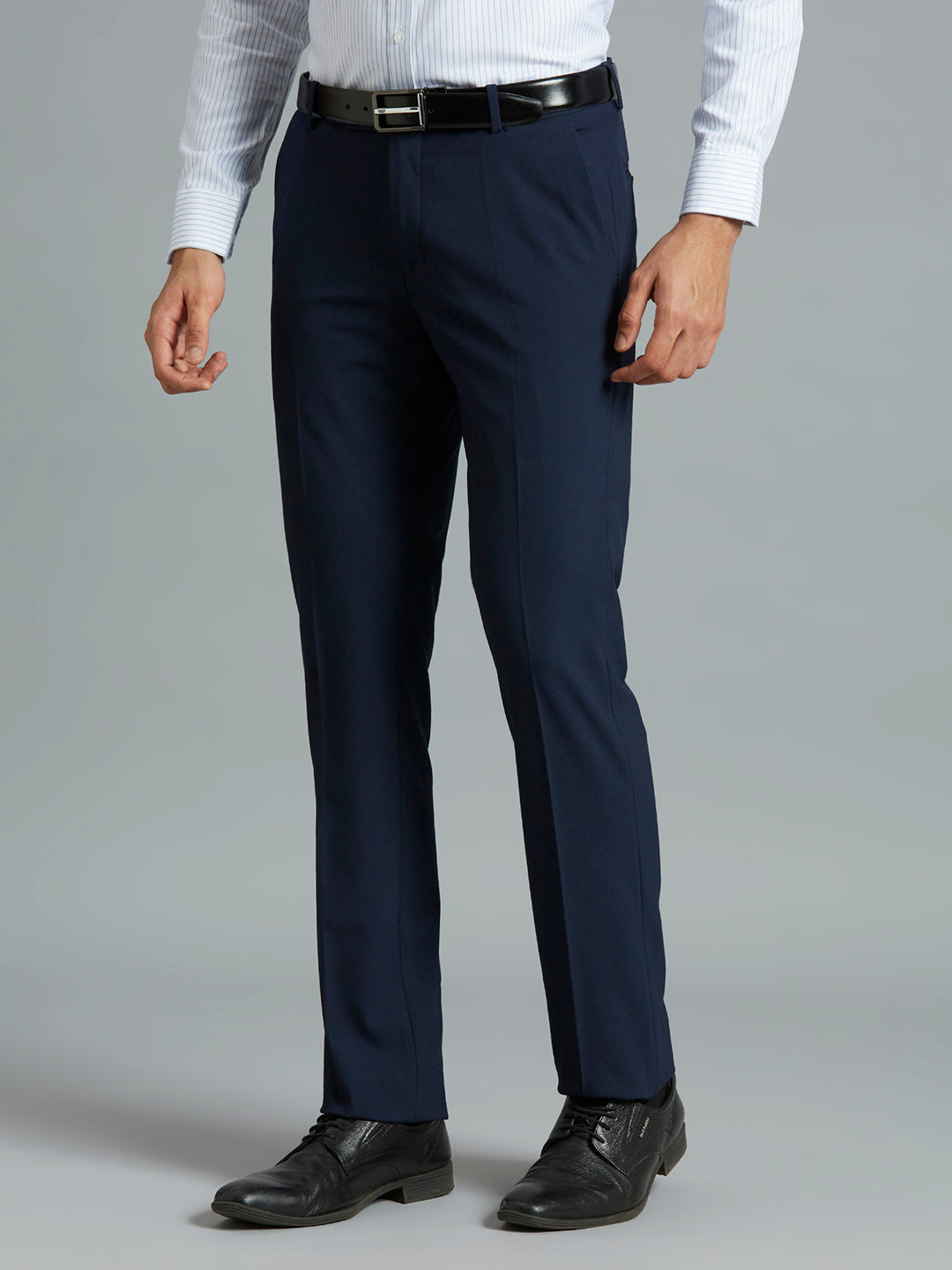 Navy Plain Poly Viscose Elastane Tailor Fit Formal Cross Pocket Trouser