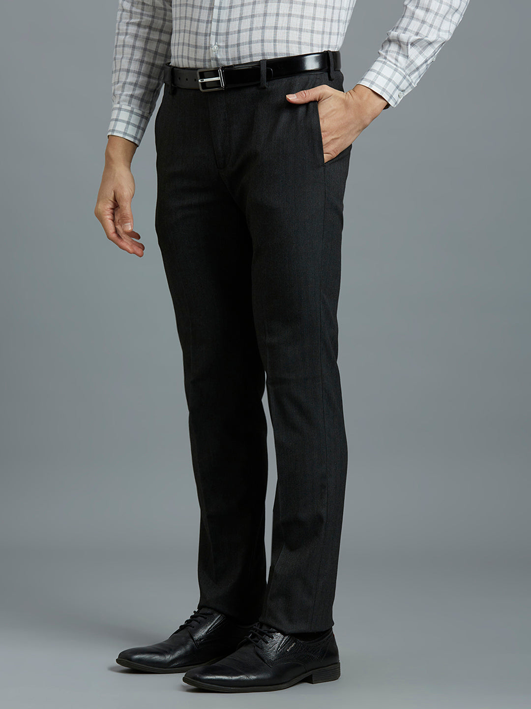 Dark Grey Hearingbone Poly Viscose Elastane Auto Fit Formal Cross Pocket Trouser