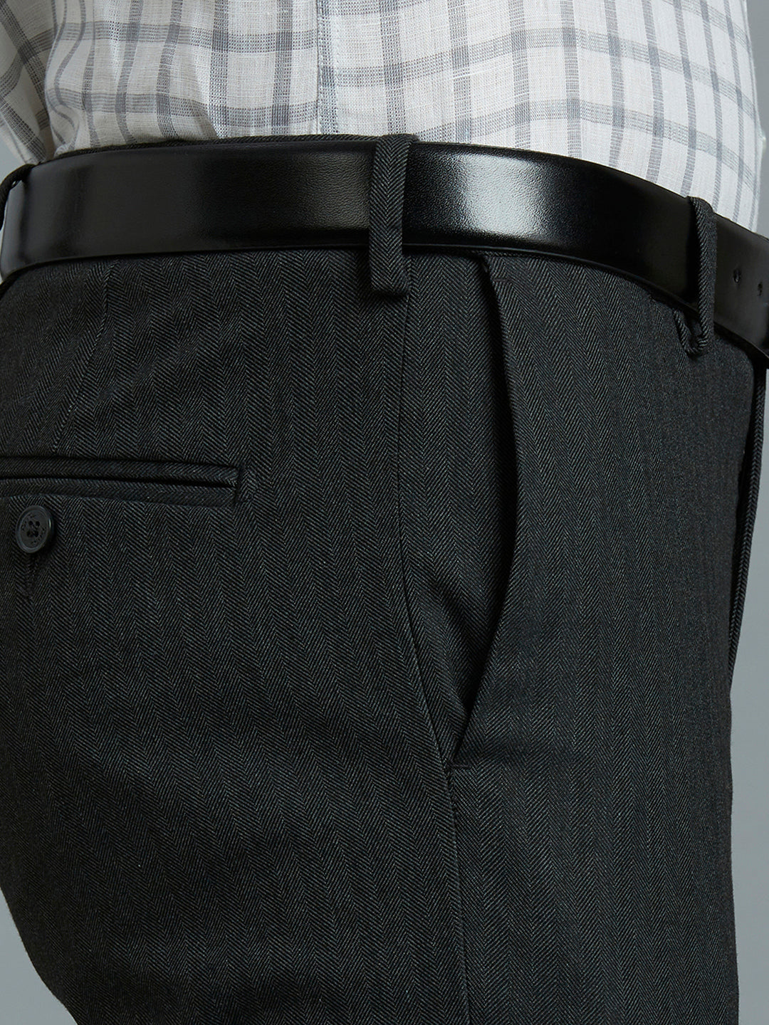 Dark Grey Hearingbone Poly Viscose Elastane Auto Fit Formal Cross Pocket Trouser